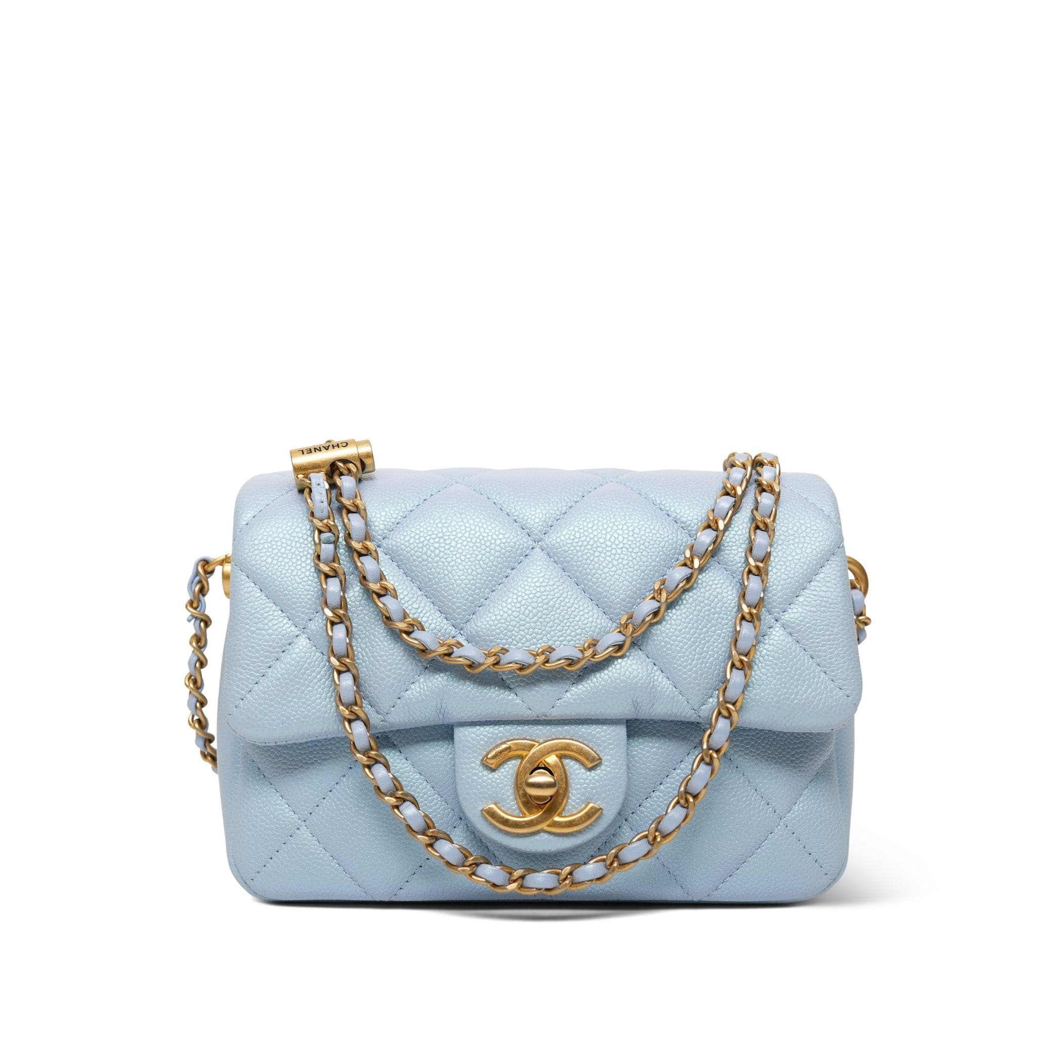21K Iridescent Light Blue Caviar Quilted My Perfect Mini Flap Bag Aged Gold Hardware
