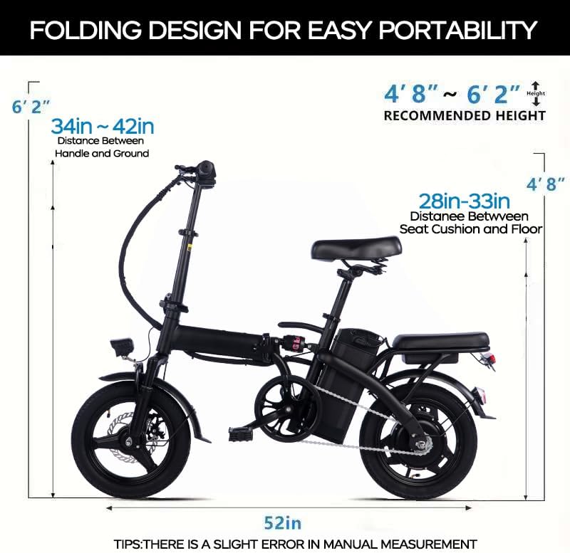 14" Folding Electric Bike – 330lb Load, 20MPH, 18–28 Mile Range, 48V Lithium Battery, Front Headlight, Disc Brake, Alloy Steel Frame