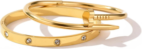 18K Gold Plated Love Nail Bangle Bracelet Set Stackable Dupes Stainless Steel Bangle Set for Love Trendy Jewelry