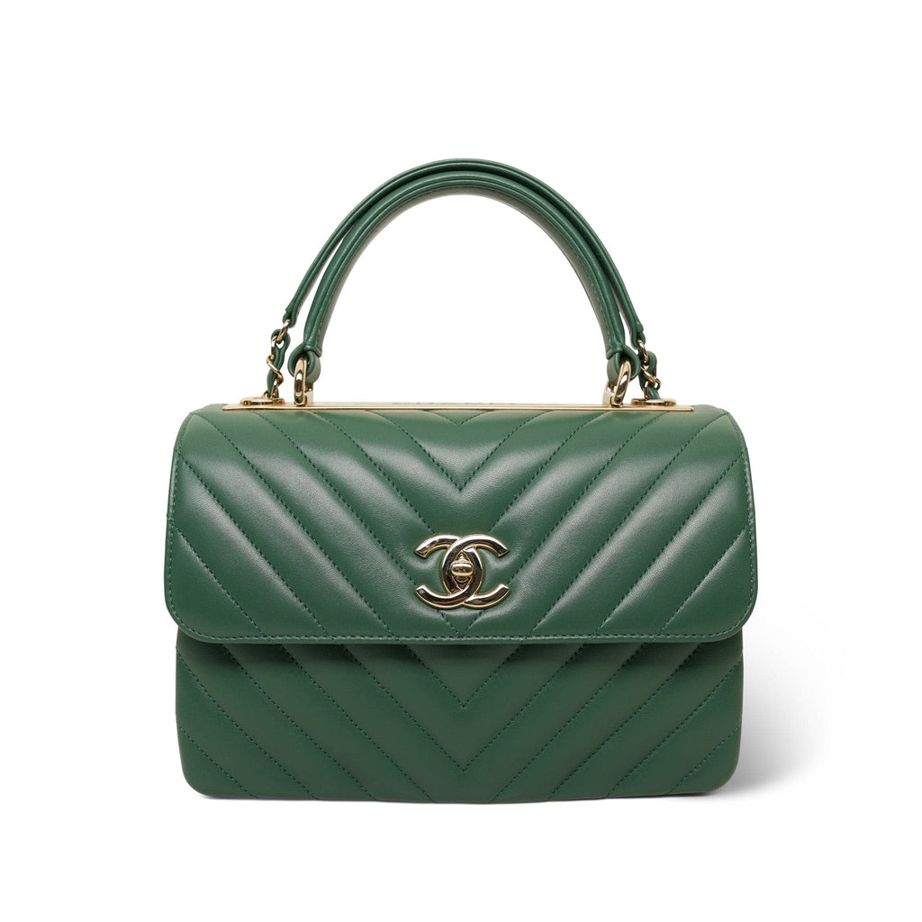 Green Lambskin Chevron Quilted Trendy CC Small Light Gold Hardware