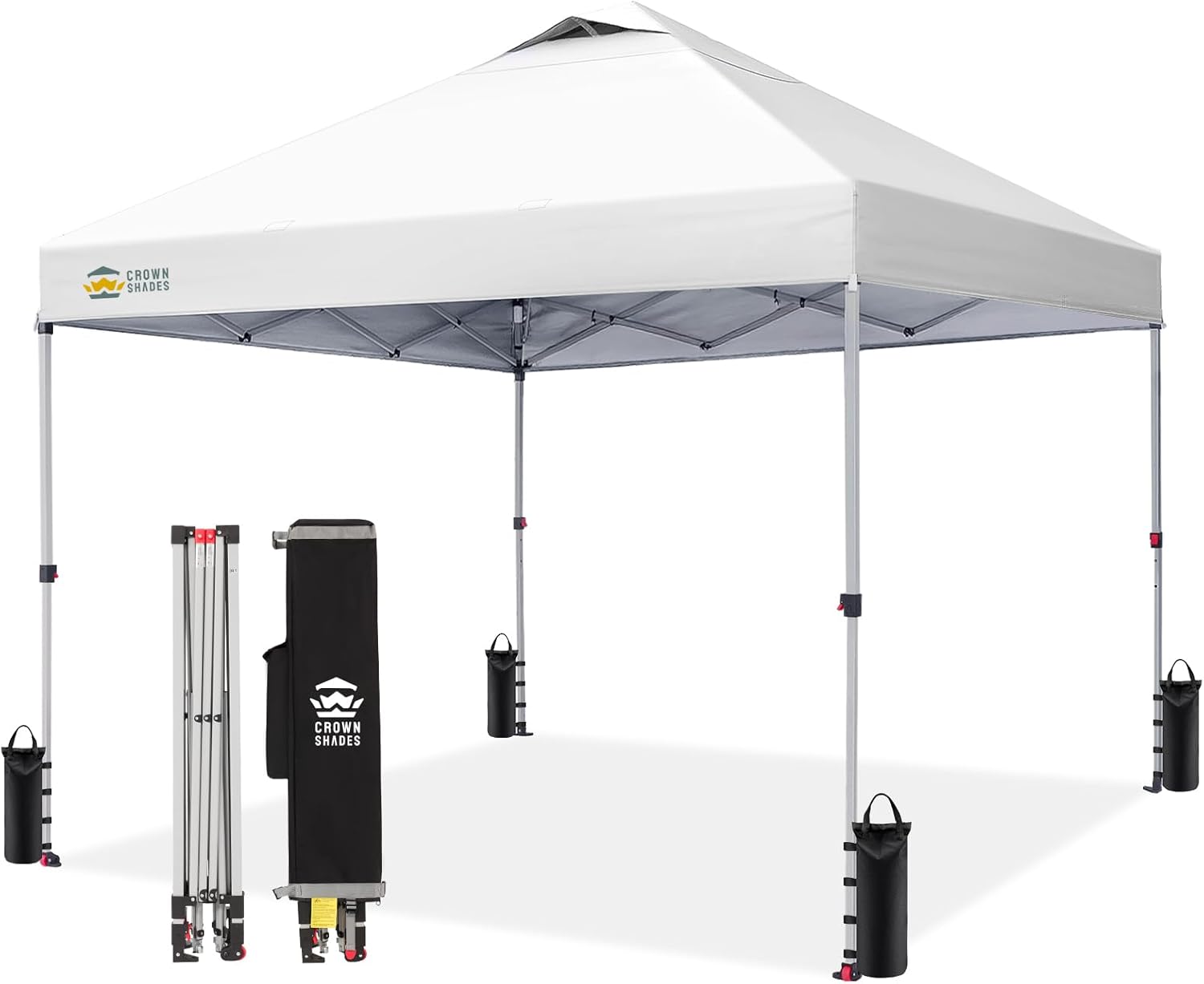 CROWN SHADES 10x10 ft Pop-Up Canopy – One-Push Setup Beach Tent with STO-N-Go Carry Bag, Silver Coated Top, Grid White, Outdoor Shade