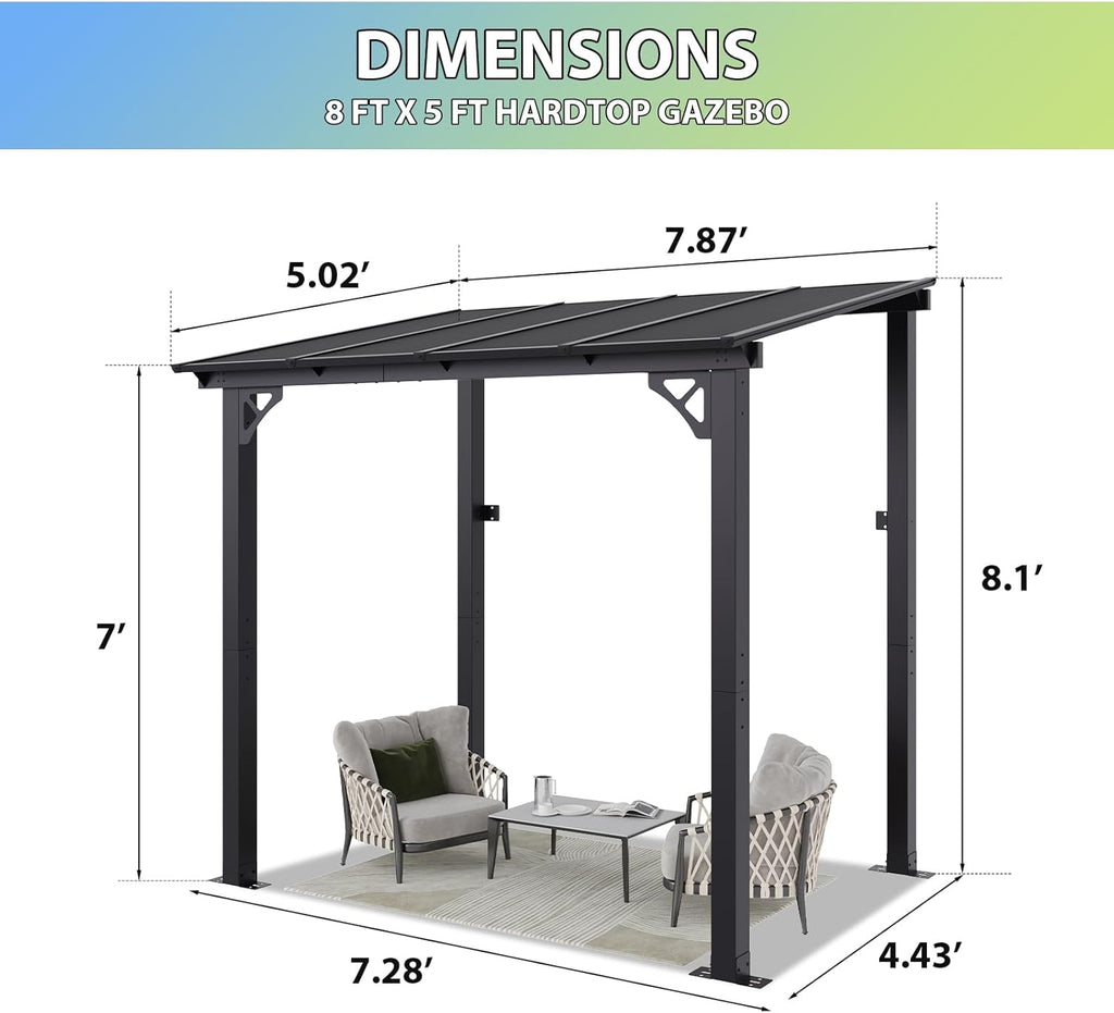 8’x 5’ Premium Gazebo with Aluminum Top Frame & Polycarbonate Panel, Wall Mounted Gazebos Pergola, Outdoor Patio Lean to Gazebo, Awnings with Sloped Roof, for Backyard, Porch, Deck