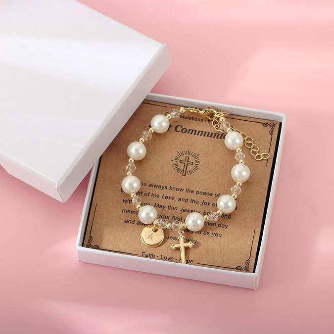 Rosary Pearl Cross Bracelet for Christian Catholic Goddaughter