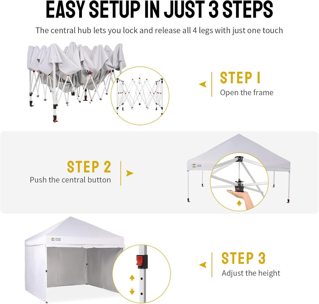 10X10 Comercial Instant Canopy Pop Up Tent with Center Lock, 300D Fabric, 4 Sidewalls, Sto'N Go Bag, White