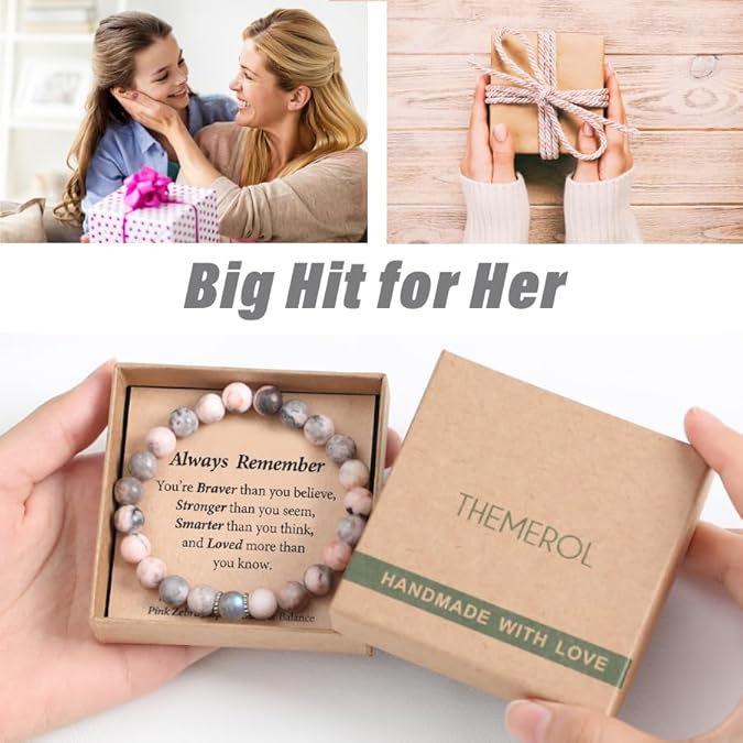 Natural Crystal Beaded Bracelet for Girls Stretch Elastic Bracelet with Message Card Gift for Kids Teens Women