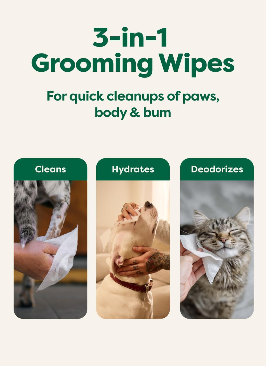 Pet Wipes for Dogs & Cats, Hypoallergenic Grooming Wipes for Paws, Body & Butt, Unscented, 100 Count