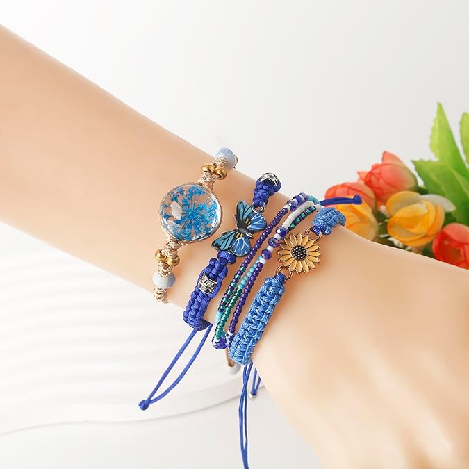 Girls Charm Bracelet Set 4 Pieces Butterfly Daisy Flower Beaded Rope Adjustable Friendship Bracelets