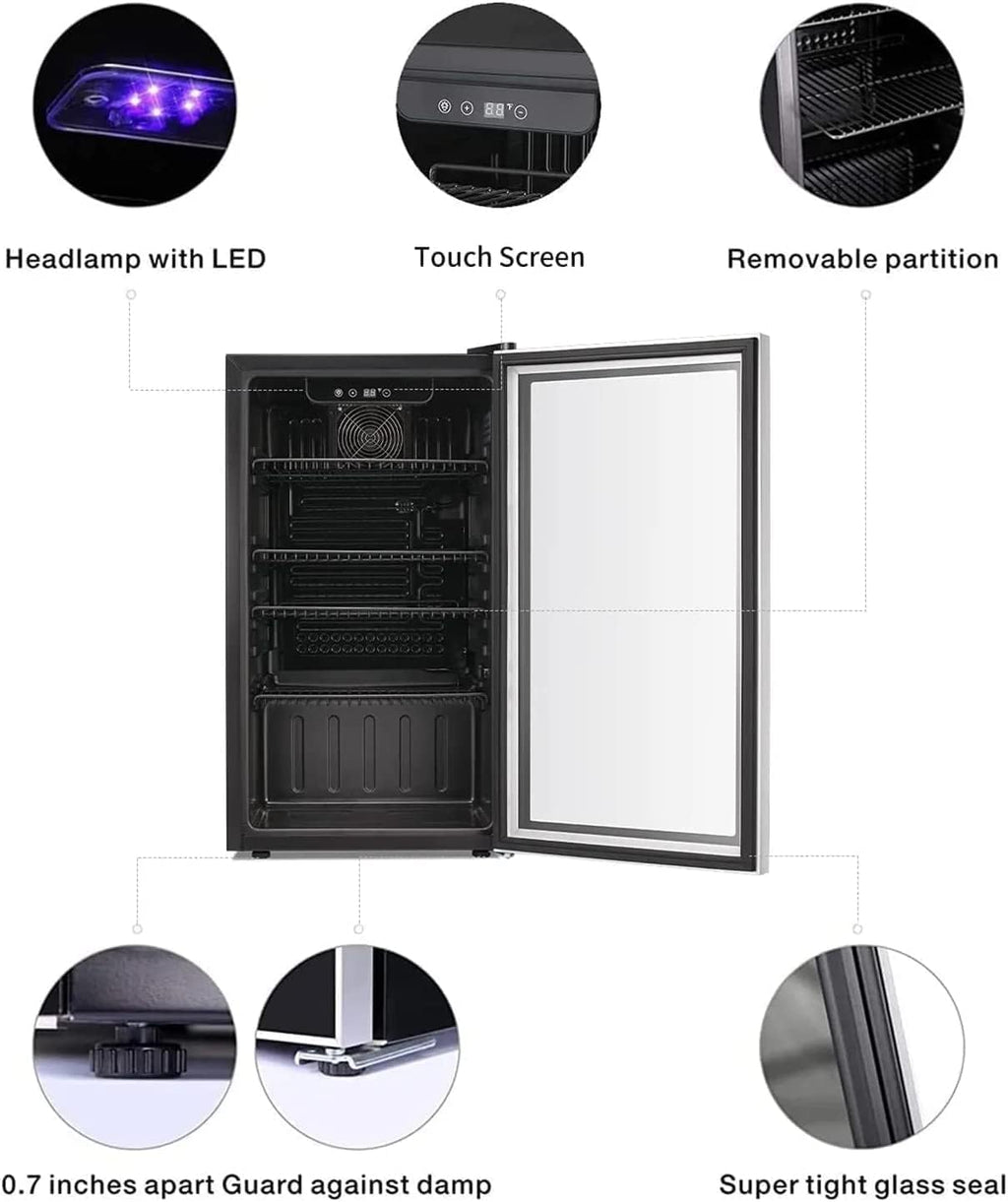 26 Bottle 130 Can Wine Cooler/Cabinet Beverage Refrigerator Mini Wine Cellar Beer Soda Clear Glass Door Bar Fridge Quiet Compressor Adjust Temp Freestanding Indoor Use 3.2cu.ft Black