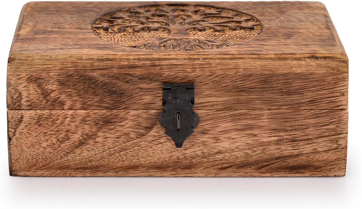 Handmade Mango Wood Tree of Life Engraved Keepsake Box – Wooden Jewellery Organizer with Flame Finish Gift for Men & Women