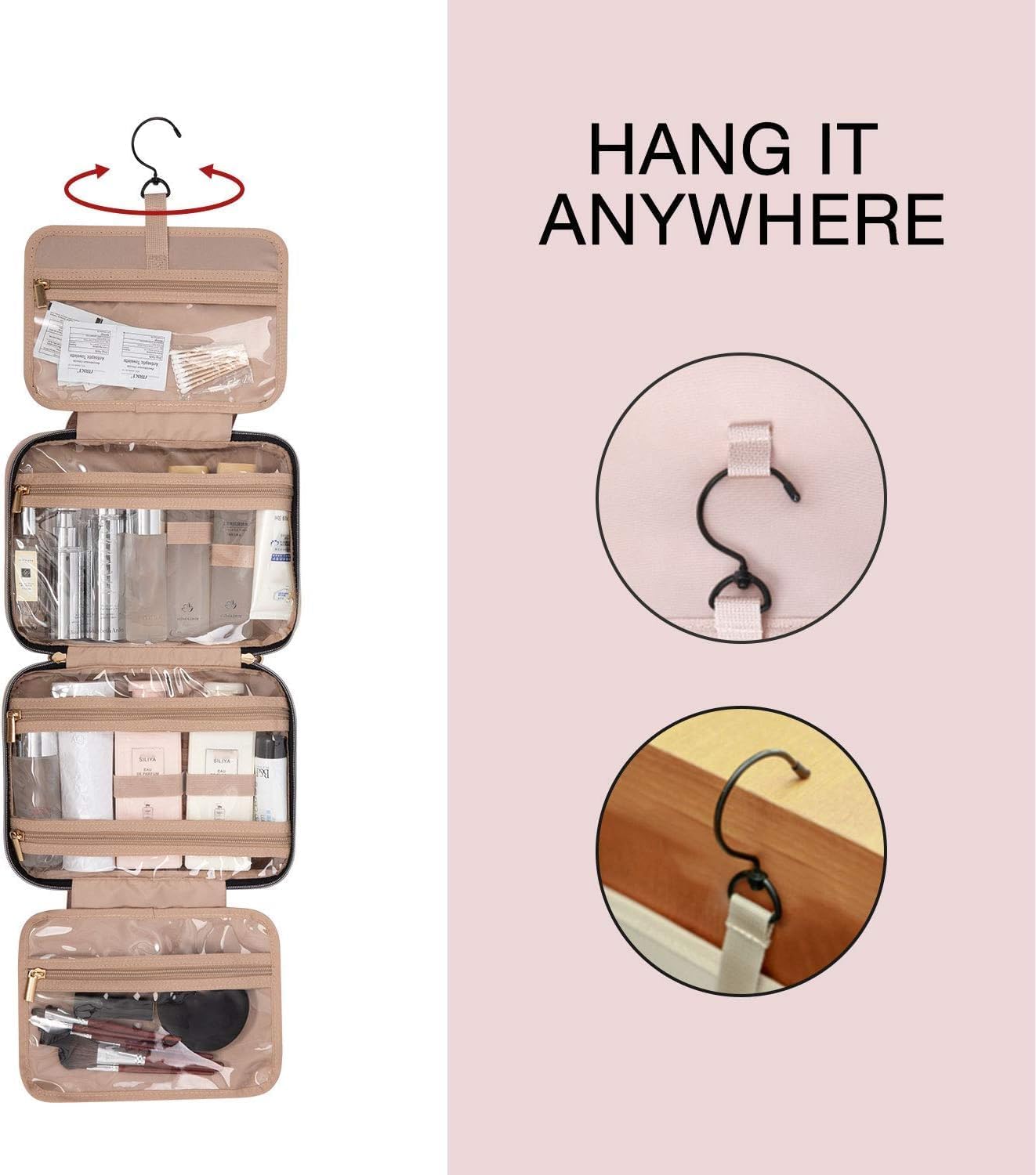 BAGSMART Hanging Toiletry Bag Travel Large Capacity Wash Bag Womens Makeup Cosmetic Bag, Travel Accessories for Full Sized Container (Medium-Pink)