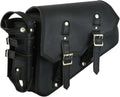 Black Leather Motorcycle Swingarm Bag with Bottle Holder & Utility Holster – Universal Fit
