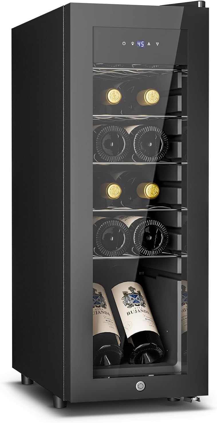 12 Bottle Wine Cooler Refrigerator – Freestanding Small Wine Fridge with Glass Door & Digital Temperature Control, Black