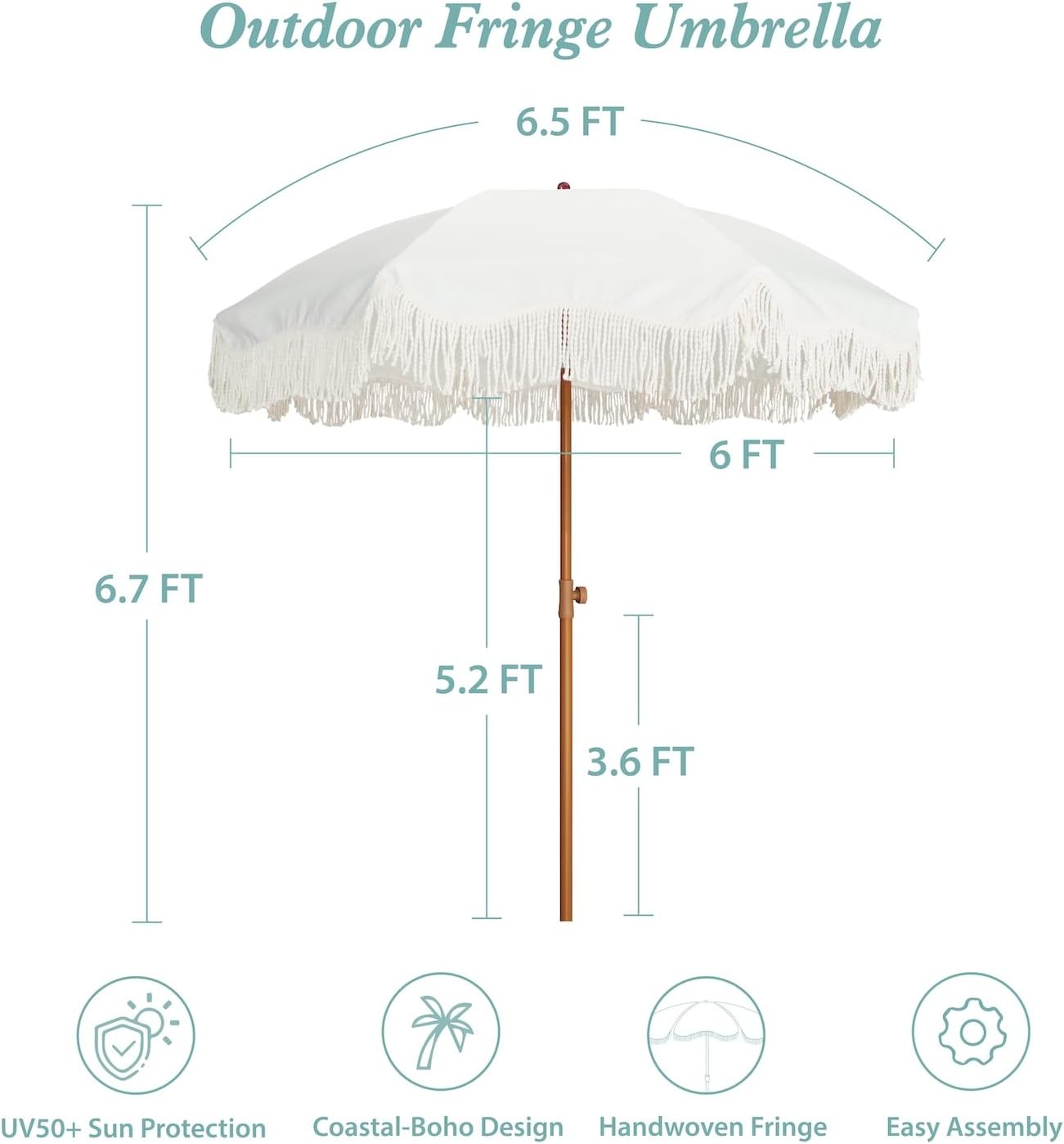 Boho Fringe Umbrella Outdoor Patio, 6.5ft UPF50+ Picnic Umbrella with Tassels with Steel Pole and Push Button Tilt, Antique White