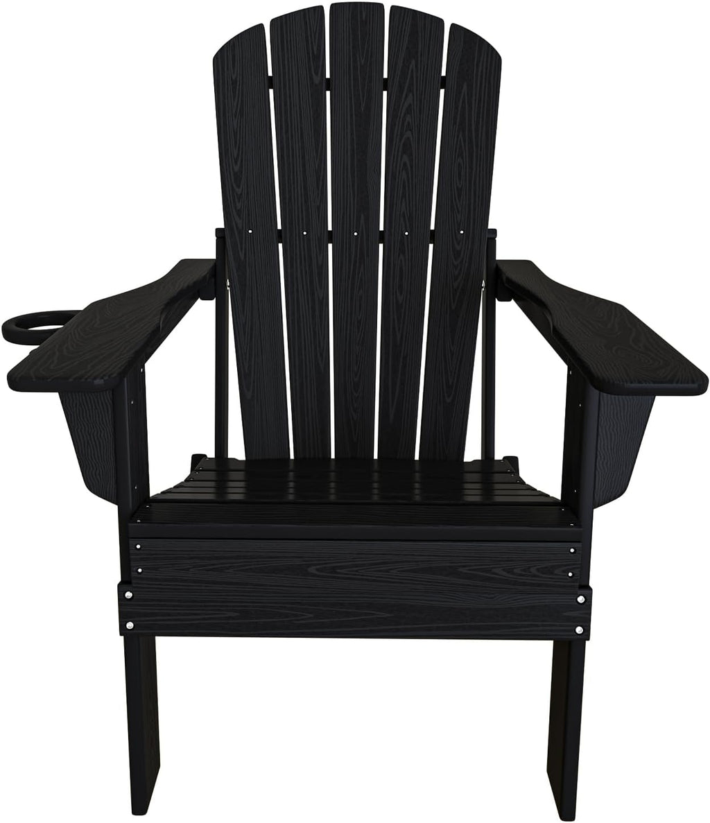 Plawdlik Folding Adirondack Chair Set of 4, Cup Holder，Wooden Textured ，Heavy All-Weather HDPE Comfortable Set Poolside Backyard Lawn Black