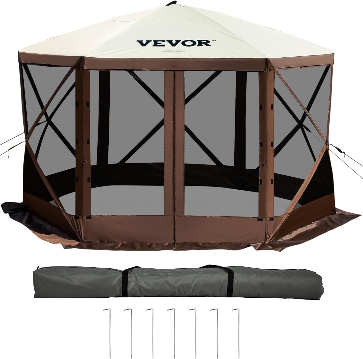 12 * 12ft 6 Sided Pop-up Canopy Shelter Tent with Mesh Windows, Portable Carry Bag, Stakes, Large Shade Tents for Outdoor Camping, Lawn and Backyard, Brown/Beige