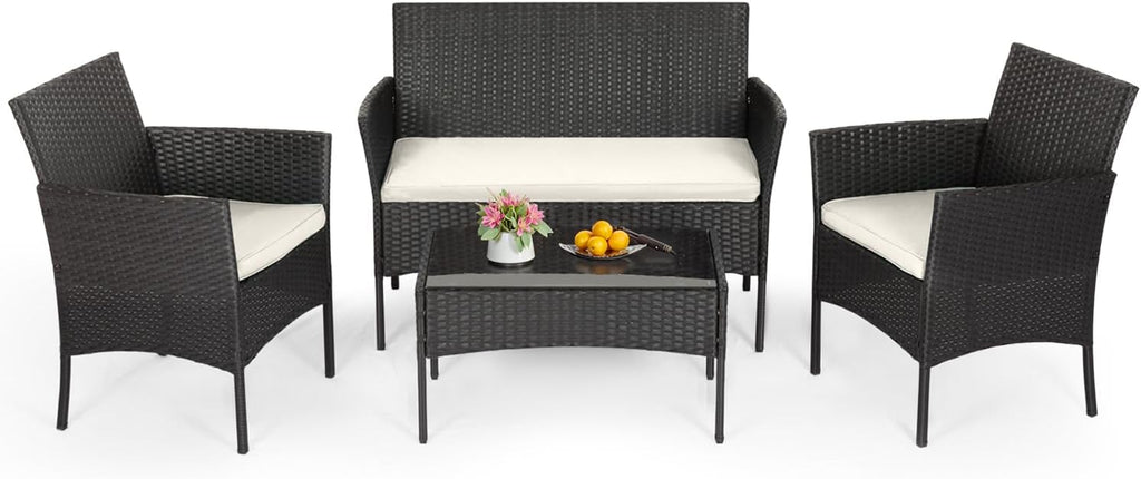 FDW 4-Piece Outdoor Patio Furniture Set – Black Wicker Rattan Chairs with Coffee Table, Weather-Resistant Seating for Porch, Garden, Lawn