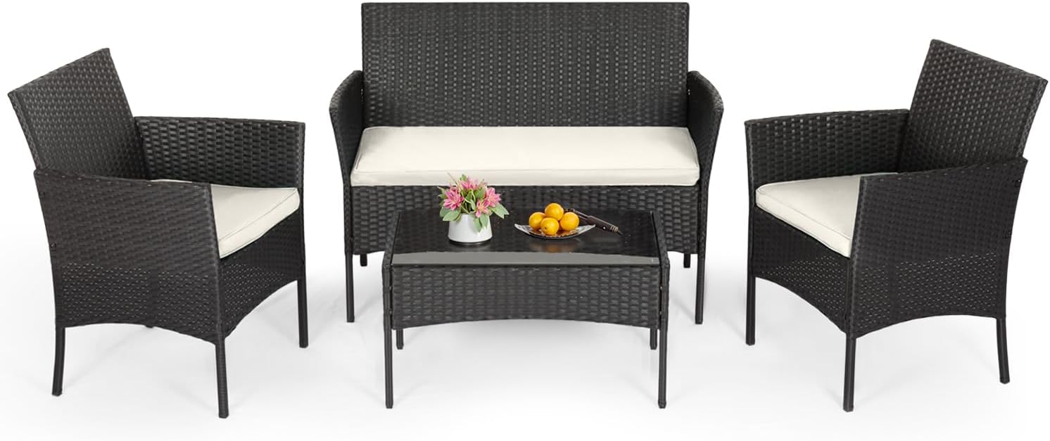 FDW 4-Piece Outdoor Patio Furniture Set – Black Wicker Rattan Chairs with Coffee Table, Weather-Resistant Seating for Porch, Garden, Lawn
