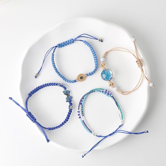 Girls Charm Bracelet Set 4 Pieces Butterfly Daisy Flower Beaded Rope Adjustable Friendship Bracelets