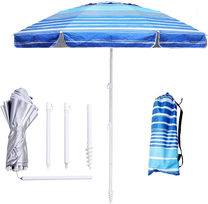6.5ft Beach Umbrella - Heavy Duty Wind Resistant UV 50+ Portable Sun Shade with Sand Anchor & Carry Bag, Outdoor Folding Umbrella for Beach, Pool, Patio, Garden (Blue Stripe)