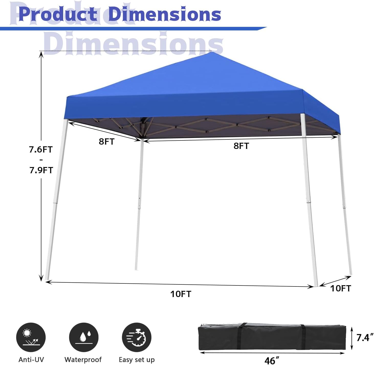 10X10 FT Pop Up Canopy Outdoor Instant Tent Slant Legs with Carrying Bag, Portable Gazebo Shelter for Patio Deck Garden and Beach - 8X8 FT Canopy Cover, Blue