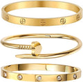18K Gold Plated Stainless Steel Love Nail Bangle Clover Bracelet Set Stackable Dupes for Love Trendy Jewelry