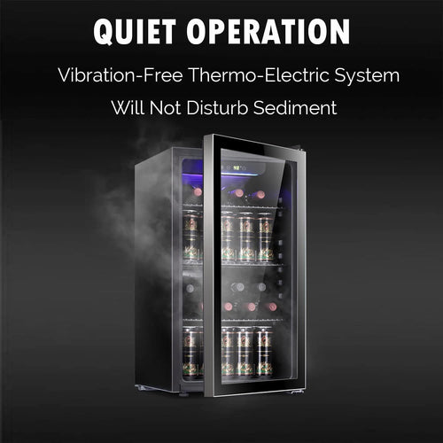 26 Bottle 130 Can Wine Cooler/Cabinet Beverage Refrigerator Mini Wine Cellar Beer Soda Clear Glass Door Bar Fridge Quiet Compressor Adjust Temp Freestanding Indoor Use 3.2cu.ft Black