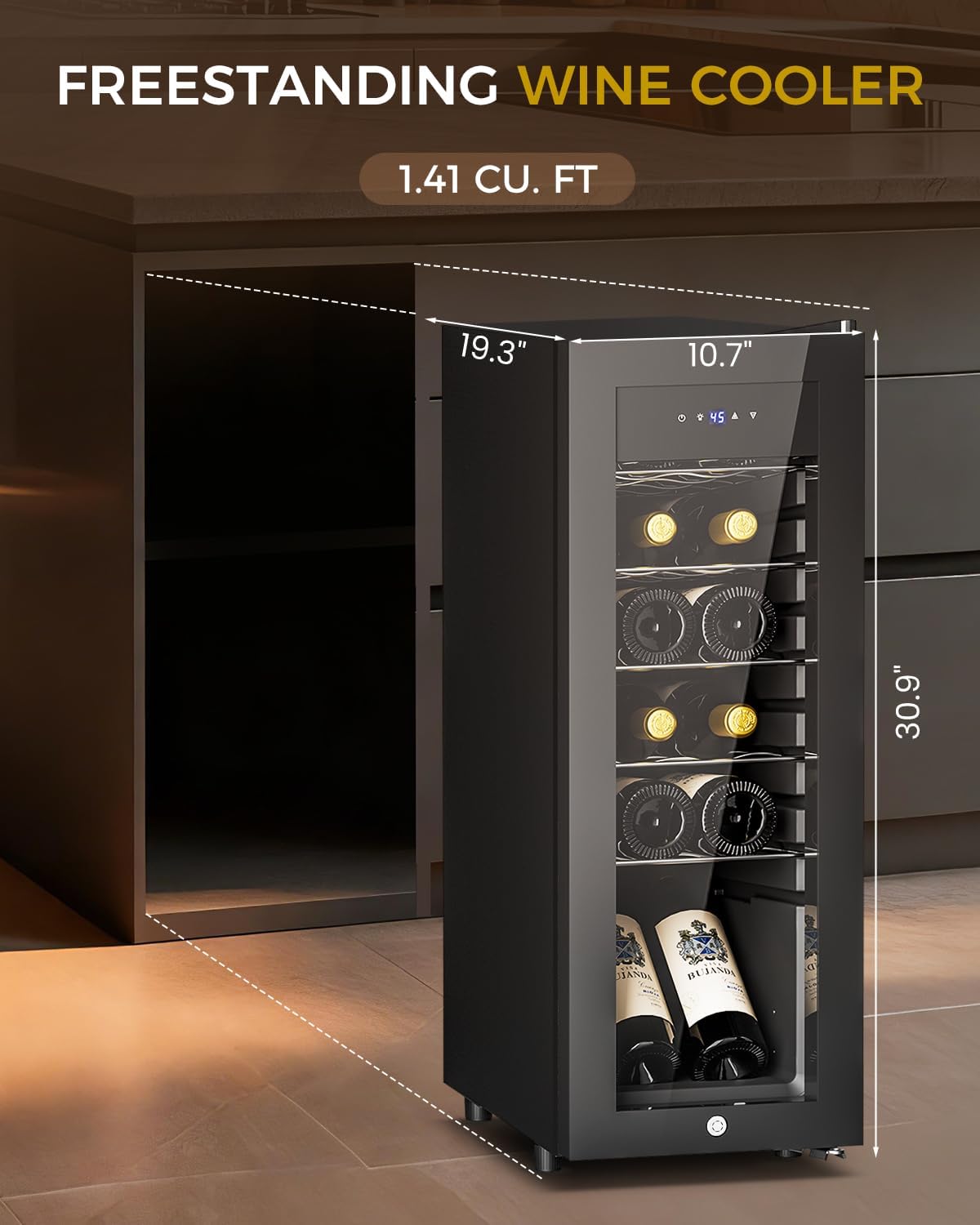 12 Bottle Wine Cooler Refrigerator – Freestanding Small Wine Fridge with Glass Door & Digital Temperature Control, Black