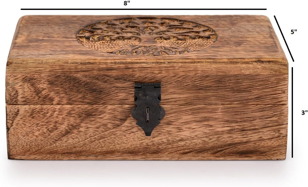Handmade Mango Wood Tree of Life Engraved Keepsake Box – Wooden Jewellery Organizer with Flame Finish Gift for Men & Women