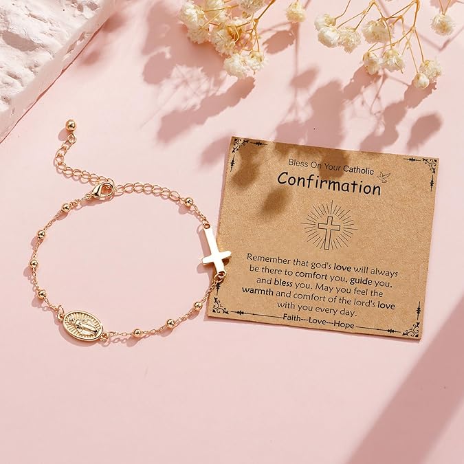 Catholic Rosary Bracelet for Girls Teens Virgin Mary Medal Cross Charm Link Chain Adjustable Bracelet