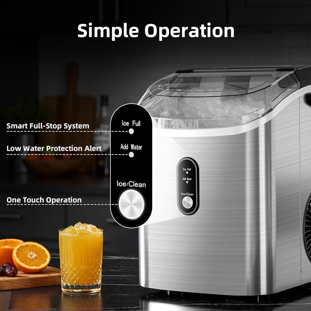 Countertop Nugget Ice Maker – Portable Pebble Ice Machine with Basket, Scoop & Auto-Cleaning, Stainless Steel Silver