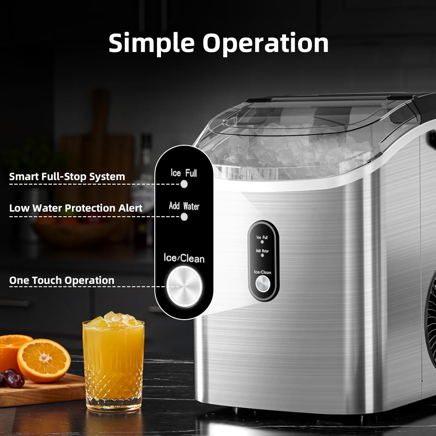 Countertop Nugget Ice Maker – Portable Pebble Ice Machine with Basket, Scoop & Auto-Cleaning, Stainless Steel Silver