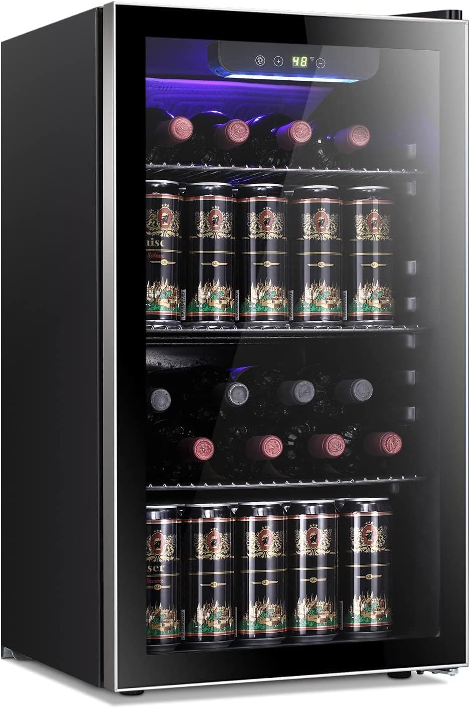 26 Bottle 130 Can Wine Cooler/Cabinet Beverage Refrigerator Mini Wine Cellar Beer Soda Clear Glass Door Bar Fridge Quiet Compressor Adjust Temp Freestanding Indoor Use 3.2cu.ft Black