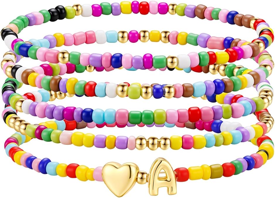 Colorful Initial Bracelet Set 5 Pieces A-Z Beaded Stackable Stretch Bracelets for Girls Women Jewelry Gift