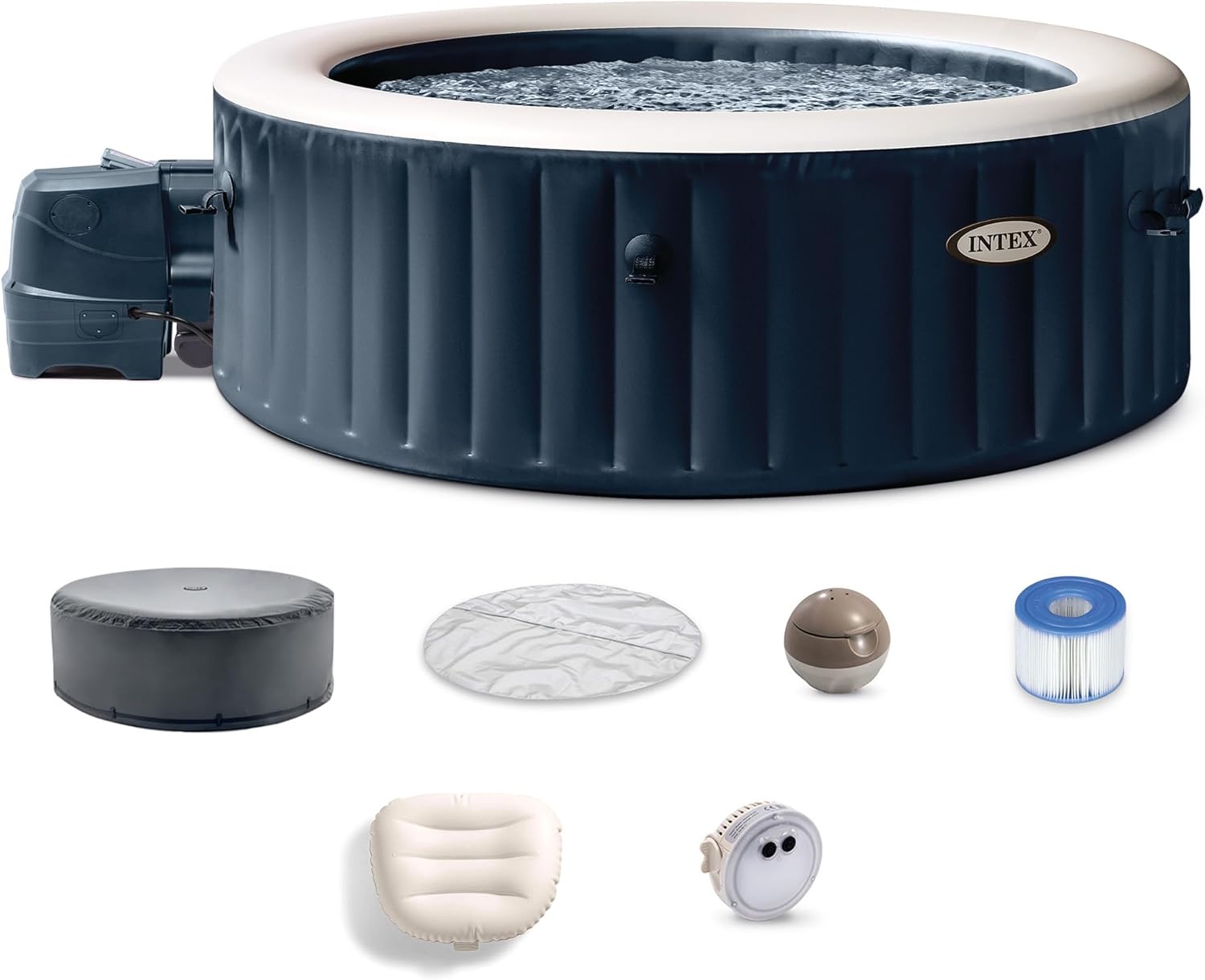INTEX PureSpa Plus Bubble Massage 6-Person Inflatable Spa – 85"x28", Energy-Efficient Cover, 2 Headrests, LED Light