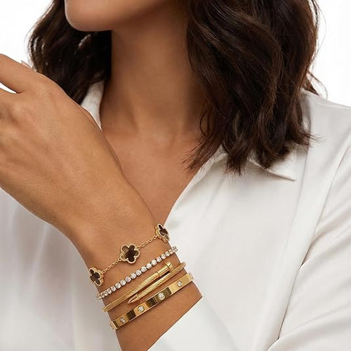 18 K Gold Plated Love Bangle Bracelet Stack for Women 4-Piece Floral Clover Chain