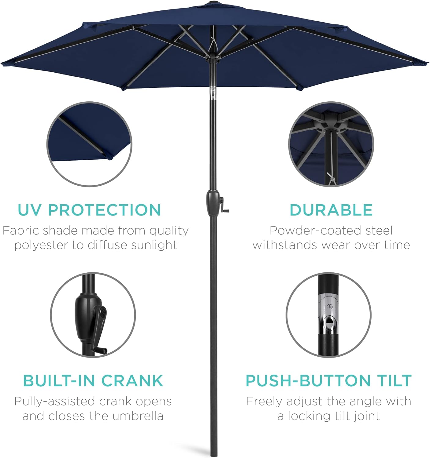 Best Choice Products 7.5ft Heavy-Duty Round Outdoor Market Table Patio Umbrella w/Steel Pole, Push Button Tilt, Easy Crank Lift - Navy Blue