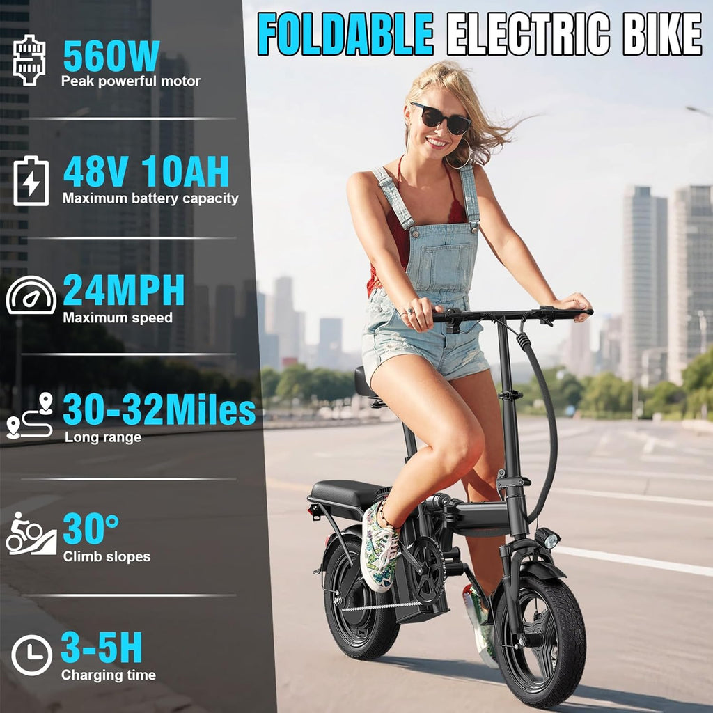 14" Folding Electric Bike for Adults & Teens – 560W Motor, 20–24MPH, 32-Mile Range, 48V 10Ah Battery, 3-Level Pedal Assist, UL 2849