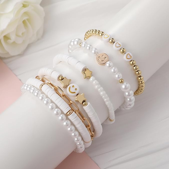 Colorful Beaded Bracelets Set White Gold Smile Heart Star Stackable Stretch Jewelry for Girls Women Teens