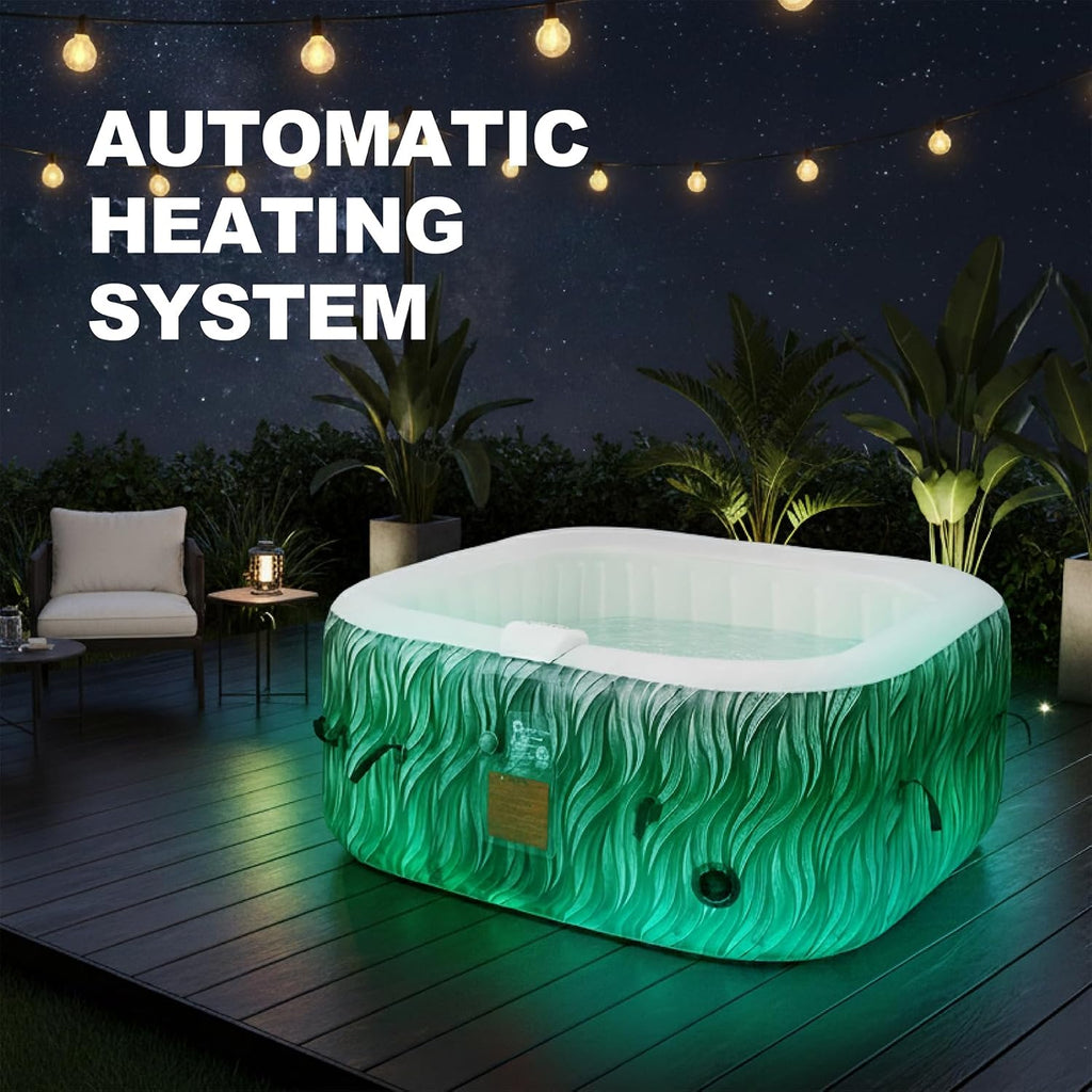 Portable Hot Tub 4 to 6 Person with LED Light, Inflatable Outdoor Spa, 130 Air Jets Built in Heater Pump, Blow Up Hottub for Relaxation, Green
