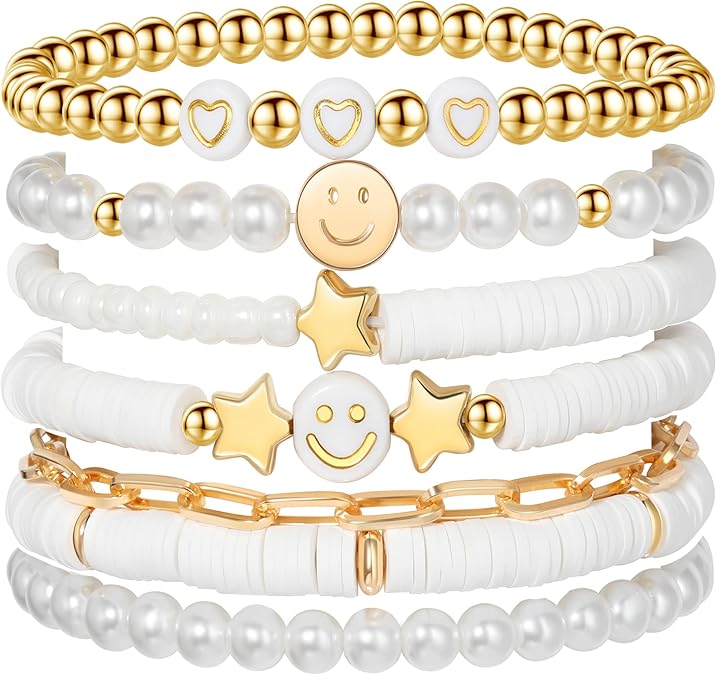 Colorful Beaded Bracelets Set White Gold Smile Heart Star Stackable Stretch Jewelry for Girls Women Teens