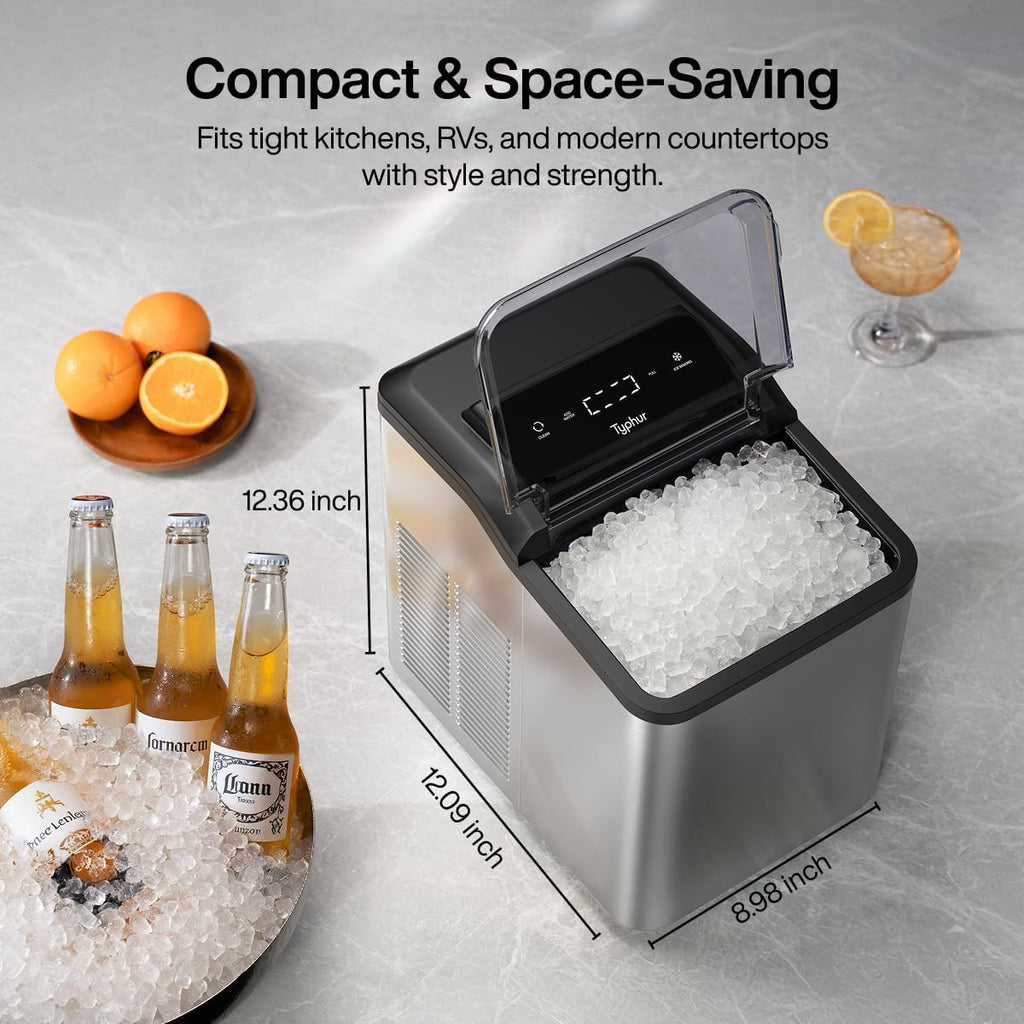 Countertop Nugget Ice Maker – 35 lbs/24H Pebble Ice Machine with Self-Cleaning Function, 2 Scoops, Stainless Steel