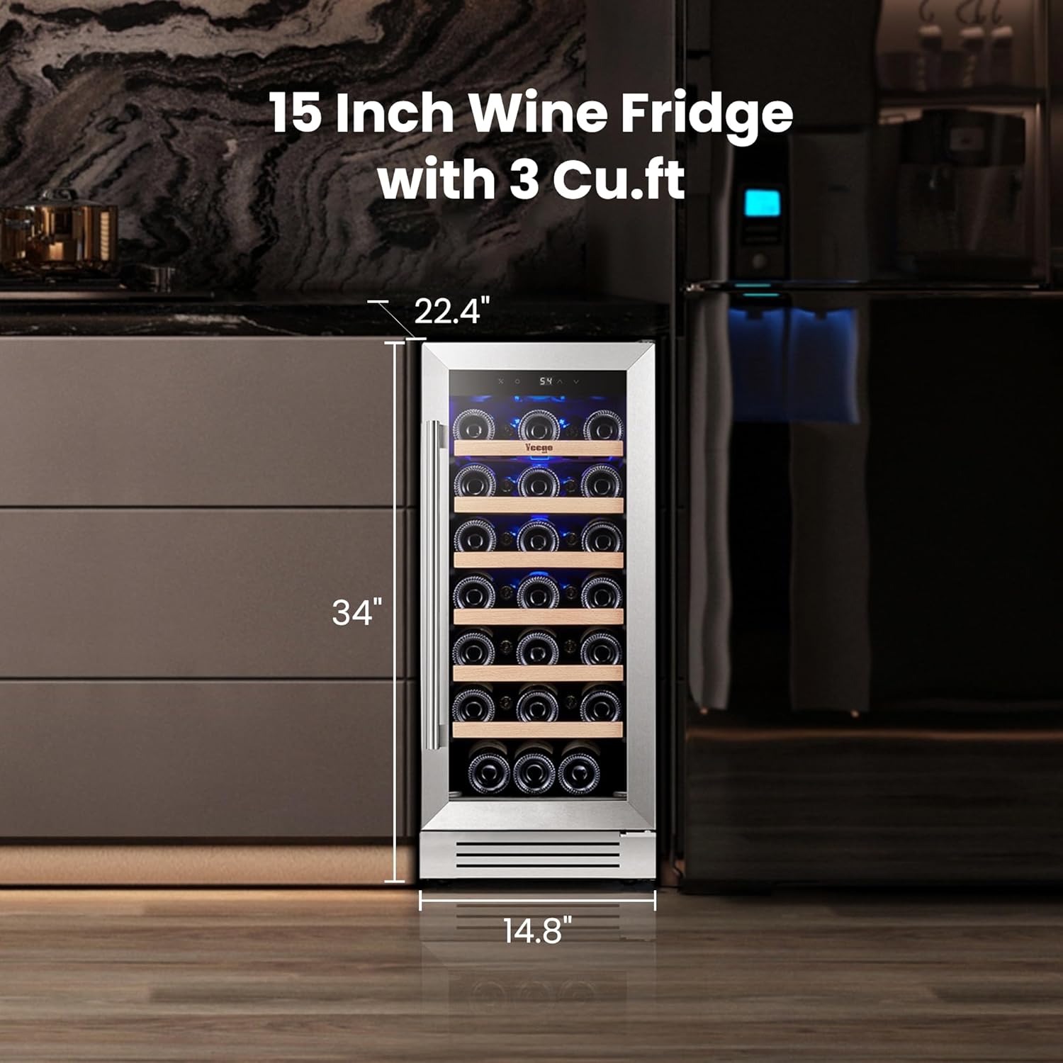 15-Inch 33 Bottle Wine Fridge – 40–65°F Built-In or Freestanding Refrigerator with Glass Door for Wine, Beer, Soda, Home Bar, Office