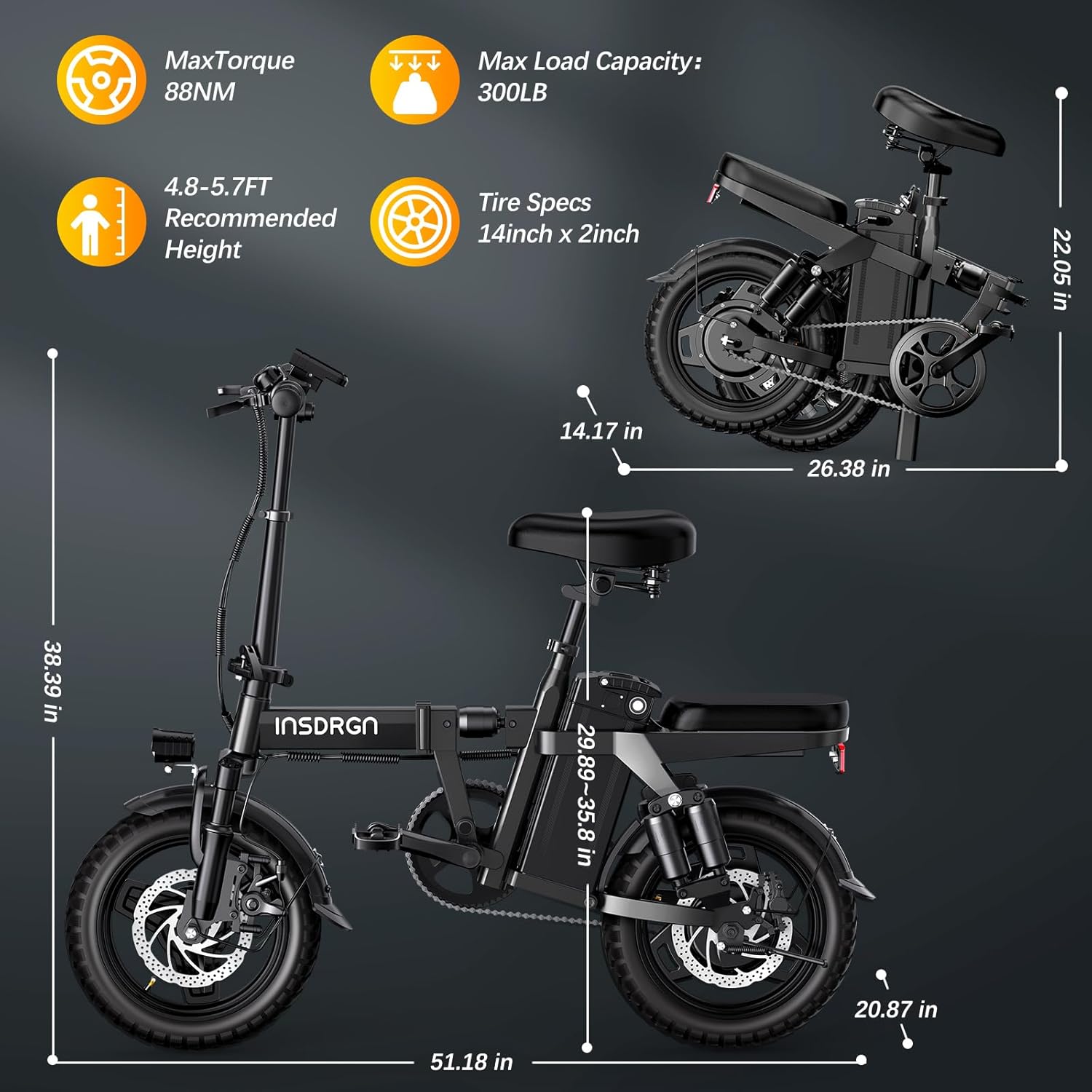 14" Folding Electric Bike for Adults – 1500W Motor, 20MPH, 48V 16Ah Removable Battery, 35–62 Miles Range, UL 2849 E-Bike
