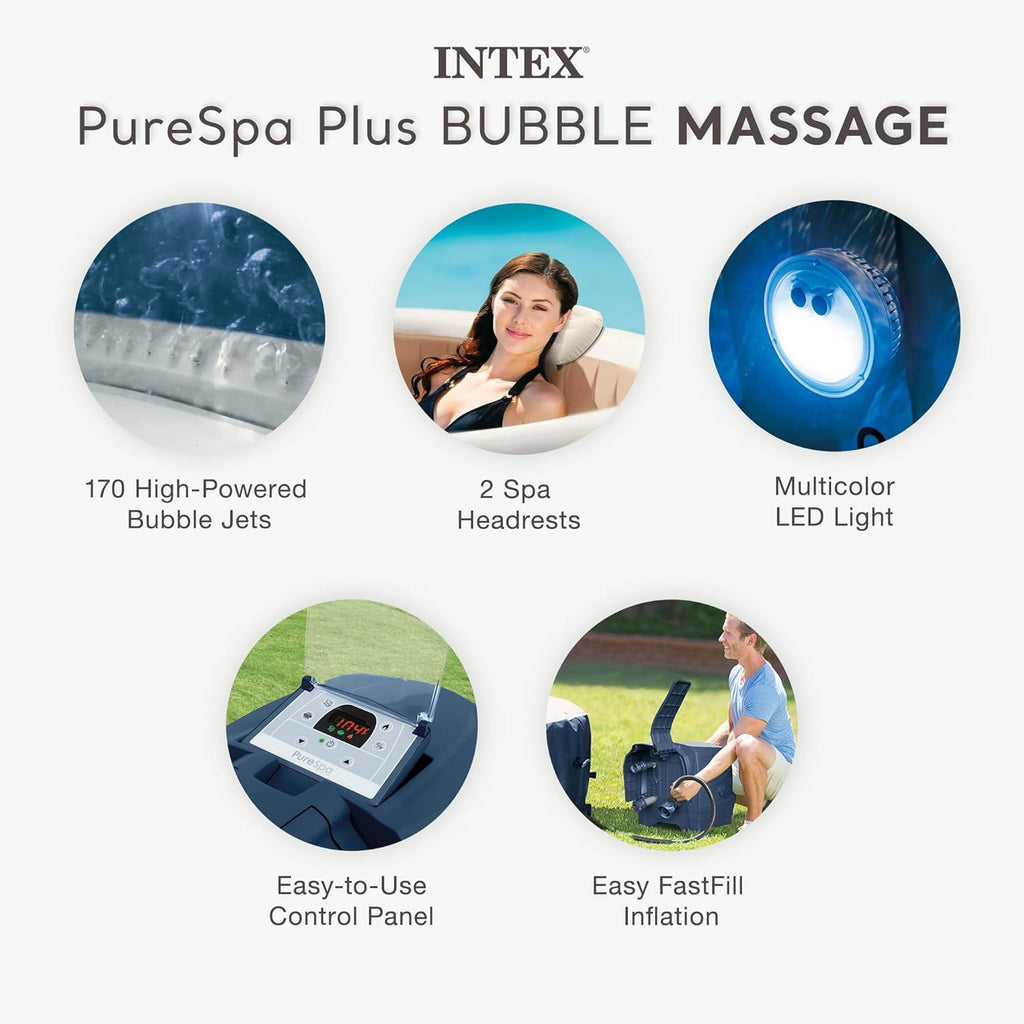 INTEX PureSpa Plus Bubble Massage 6-Person Inflatable Spa – 85"x28", Energy-Efficient Cover, 2 Headrests, LED Light