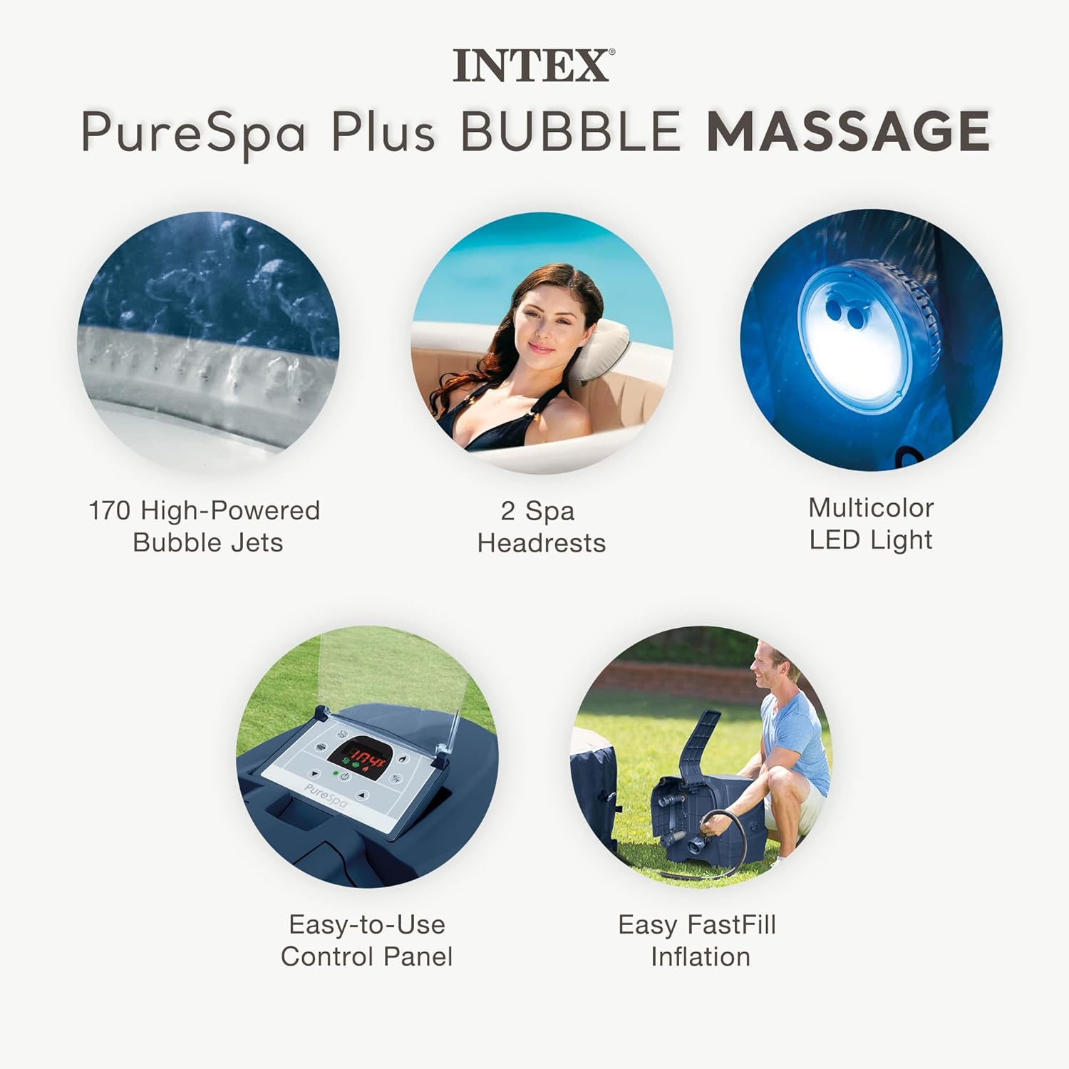 INTEX PureSpa Plus Bubble Massage 6-Person Inflatable Spa – 85"x28", Energy-Efficient Cover, 2 Headrests, LED Light