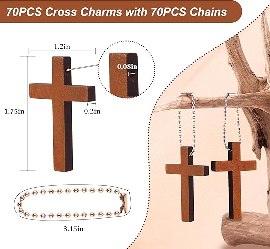 70 Pack Small Wooden Pocket Cross Charms Keychain – Natural Mini Wooden Cross Pendants for Church Prayer, Easter Gifts, Christian Crafts & DIY Decoration