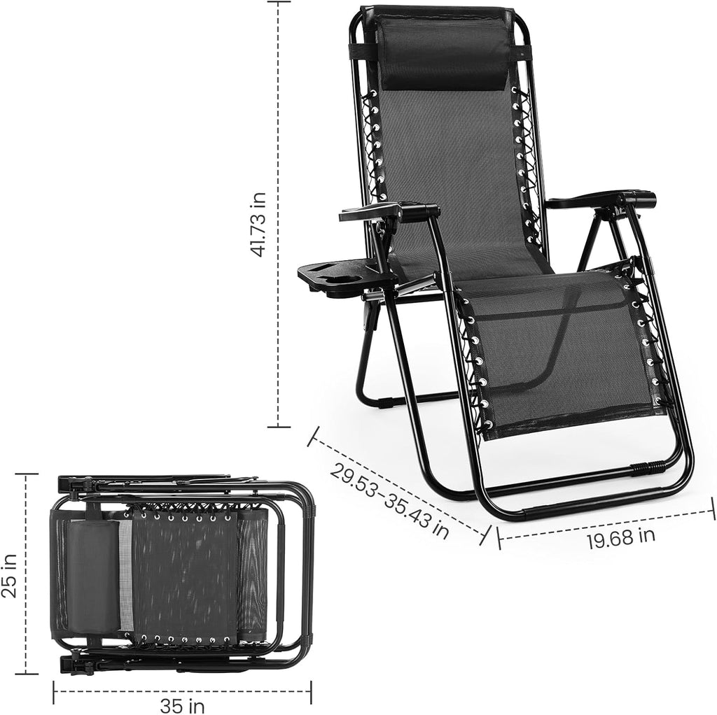 Sweetcrispy Set of 2 Zero Gravity Chairs – Portable Folding Recliners with Cup Holders & Adjustable Pillow, Outdoor Lounge for Pool, Garden, Lawn, Black