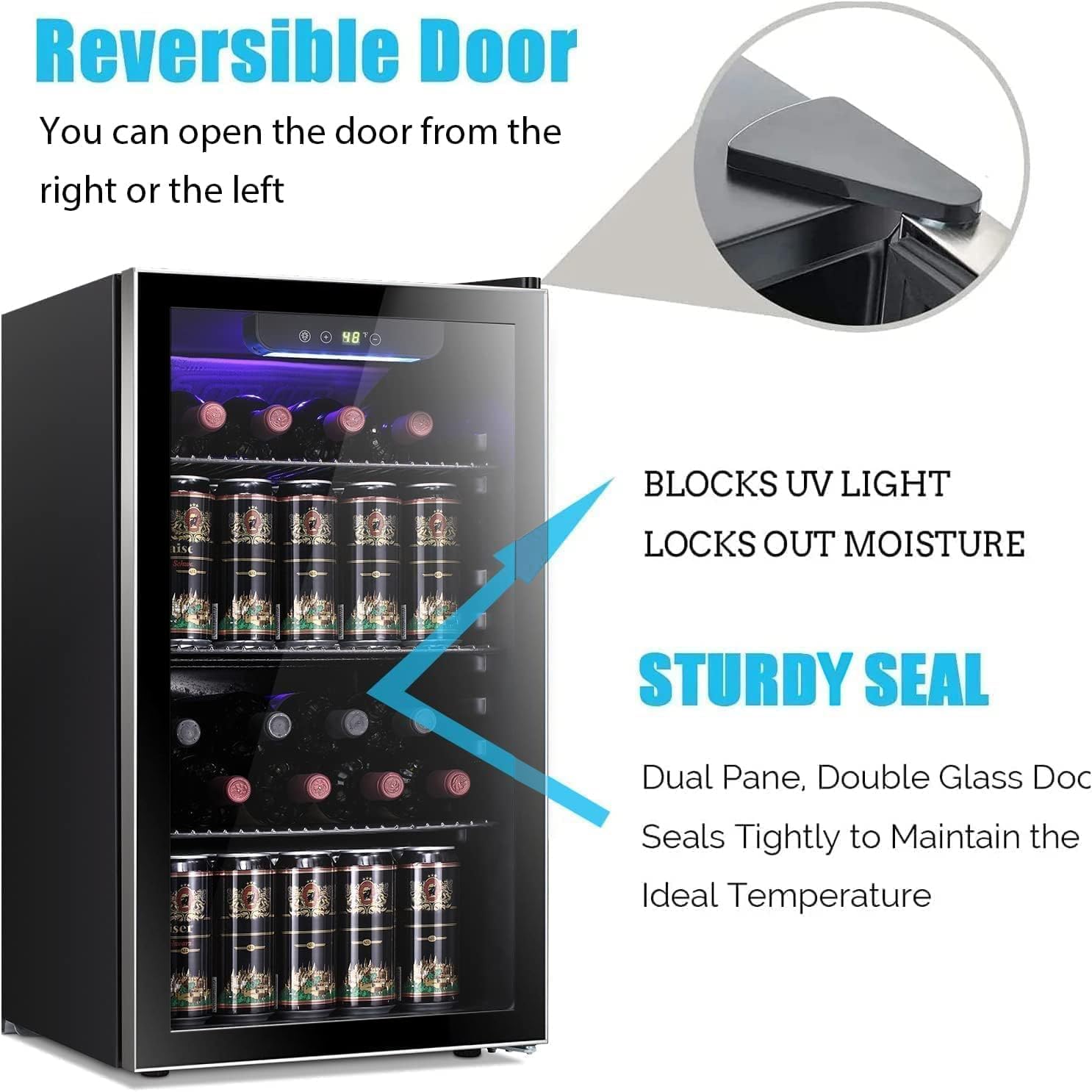 26 Bottle 130 Can Wine Cooler/Cabinet Beverage Refrigerator Mini Wine Cellar Beer Soda Clear Glass Door Bar Fridge Quiet Compressor Adjust Temp Freestanding Indoor Use 3.2cu.ft Black