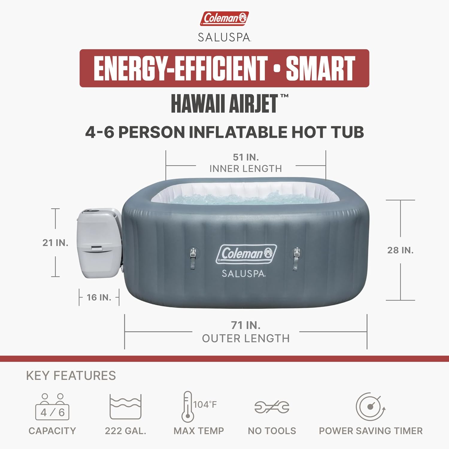 Coleman Hawaii Energy-Efficient AirJet Inflatable Hot Tub 4-6 Person with App-Control