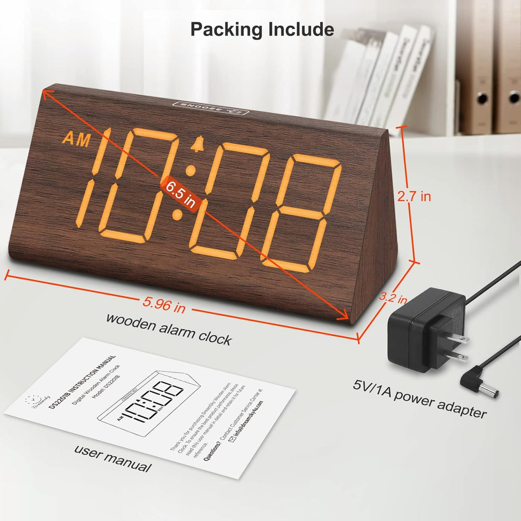 Wooden Digital Alarm Clock for Bedroom – LED Desk Clock with Large Display, USB Port, Adjustable Volume, Dimmer & Snooze, Adapter Powered